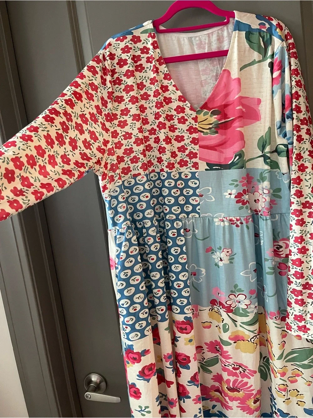 Floral Patchwork Long Sleeve Maxi Dress - Pink & Blue